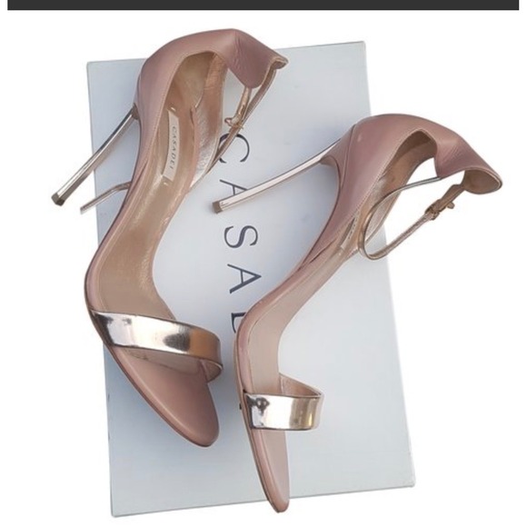Casadei Blade Sandals Beige Silver Metallic Ankle Strap Stiletto Heels Italy 38 - Picture 2 of 10